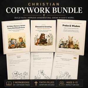 May include: A Christian copywork bundle featuring three workbooks titled 30 Bible Memory Verses Every Kid Should Know, Blessed & Growing, and Praise & Wisdom, with illustrated covers showing animals and sample interior handwriting practice pages.