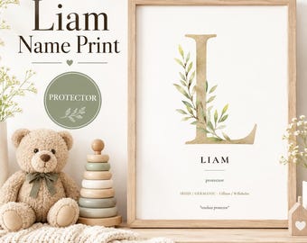 Liam Name Print | Name Meaning Nursery Art | Watercolor Letter L | Resolute Protector | Personalized Boy Nursery Decor