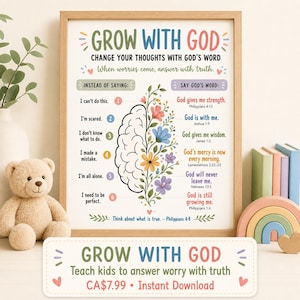 May include: A framed educational wall art print titled GROW WITH GOD, featuring a central illustration of a brain half-transformed into colorful flowers. The text lists six negative thoughts paired with corresponding biblical verses for encouragement.