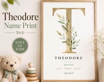 Theodore Name Print | Biblical Name Meaning Nursery Art | Watercolor Letter T | Gift of God | Personalized Boy Nursery Decor