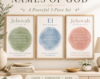 Names of God Scripture Wall Art Bundle, Christian Watercolor Print Set, Bible Home Decor, Bible Verse Art, Faith Print Trio, Religious Gift
