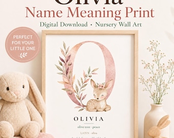 Olivia Name Print | Watercolor Woodland Nursery Wall Art | Name Meaning Sign | Boho Deer Decor | Printable Baby Girl Gift