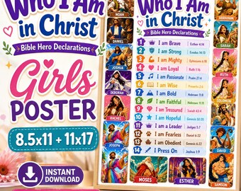Who I Am in Christ Girls Poster, Bible Hero Declarations Wall Art, Christian Kids Printable, Scripture Affirmation Poster, 8.5x11 & 11x17