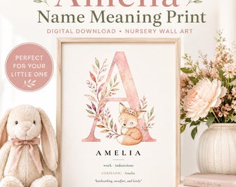 Amelia Name Print | Watercolor Woodland Nursery Wall Art | Name Meaning Sign | Boho Fox Decor | Printable Baby Girl Gift