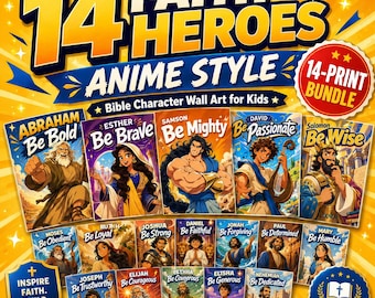 Bible Heroes Anime Wall Art Bundle, Christian Kids Room Decor, Faith Affirmation Posters, Sunday School Classroom Prints, Instant Download