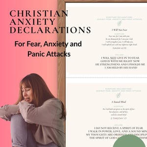 May include: A framed print with the text "Christian Anxiety Declarations For Fear, Anxiety and Panic Attacks." The print includes scripture declarations and a woman sitting with her head in her hands. A green circle reads "10 Cards."