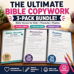 May include: A 3-pack bundle of spiral-bound Bible copywork books for kids, featuring Bible Verses, Proverbs, and Psalms. The set includes 78 total verses, two sizes, and is for grades K and up. Each book contains lined pages for handwriting practice.