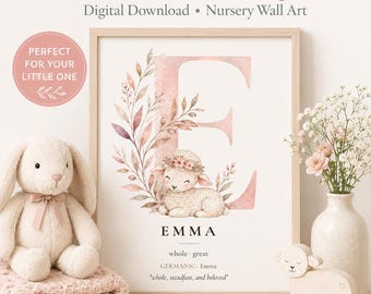 Emma Name Print | Watercolor Woodland Nursery Wall Art | Name Meaning Sign | Boho Lamb Decor | Printable Baby Girl Gift