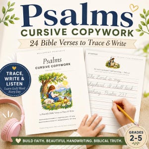 May include: Psalms Cursive Copywork workbook featuring 24 Bible verses to trace and write. The cover displays a child reading under a tree, while an interior page shows cursive handwriting practice. Includes a pink headset and a yellow pencil.