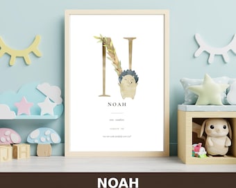 Noah Name Meaning Print — Hebrew Biblical Nursery Wall Art, Baby Boy Gift, Illustrated Letter, Instant Digital Download