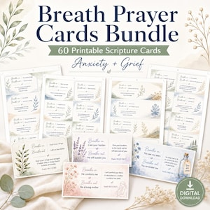 Op de afbeelding: Een bundel van 60 printbare gebedskaarten genaamd Breath Prayer Cards Bundle voor angst en verdriet. De kaarten bevatten bloemillustraties, aquarelaccenten en tekstprompts voor ademhalingsoefeningen gecombineerd met bijbelverzen.