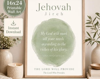 Jehovah Jireh Scripture Wall Art, Names of God Watercolor Print, Christian Home Decor, Lord Will Provide Bible Verse, Sage Green Faith Gift
