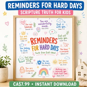 May include: A framed wall art print titled Reminders for Hard Days: Scripture Truth for Kids. The white poster features colorful handwritten text and illustrations including a heart, crown, shield, rainbow, and sun, with Bible verses.