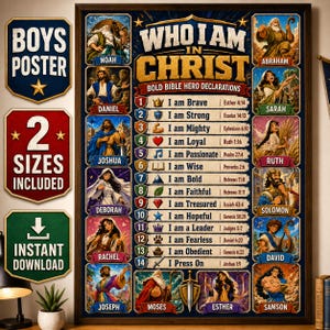 May include: A vertical wall poster titled Who I Am In Christ featuring fourteen numbered Bible hero declarations with icons and scripture references. The design includes illustrations of figures like Noah, Daniel, and Sarah, with additional side labels for boys poster and instant download.