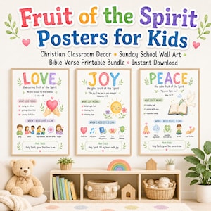 May include: Three educational wall posters titled Love, Joy, and Peace, featuring colourful watercolour illustrations, Bible verses, and child-friendly activities. The text includes Fruit of the Spirit Posters for Kids, Christian Classroom Decor, Sunday School Wall Art, Bible Verse Printable Bundle, and Instant Download.