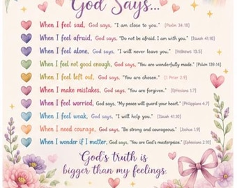 When I Feel God Says Girls Bible Verse Wall Art | Christian Scripture Poster | Watercolor Girls Room Decor Print