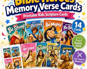 Bible Heroes Memory Verse Cards, Printable Kids Scripture Cards, Christian Bible Flashcards, Sunday School, Homeschool, Double Sided PDF