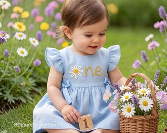Vestido personalizado Daisy One para bebé, conjunto para el primer cumpleaños de niña, vestido de lino para niña pequeña, vestido ONE bordado a medida, conjunto para sesión de fotos de cumpleaños con pastel
