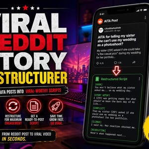 Puede incluir: Imagen promocional para un reestructurador de historias de Reddit. La imagen presenta un teléfono inteligente que muestra una publicación de Reddit y un script reestructurado. El texto incluye "Viral Reddit Story Restructurer" y "Perfect for YouTube, TikTok & Instagram!"