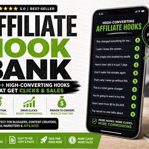 May include: An advertisement for an "Affiliate Hook Bank" with the text "250+ High-Converting Hooks That Get Clicks & Sales." A smartphone displays a list of hooks. The ad promises to help bloggers, content creators, email marketers, and affiliates.