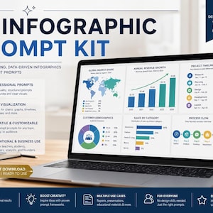 May include: A laptop displays an AI Infographic Prompt Kit, showcasing data visualizations and a project timeline. The screen features charts, graphs, and a world map. Text includes "Designed for Clarity, Impact, Results" and "Instant Download PDF File | Ready to Use."