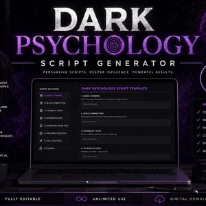 May include: A digital product advertisement for a "Dark Psychology Script Generator." The image features a laptop displaying a script template, with text like "Persuasive Scripts" and "Instant Download." Purple and black color scheme with icons and text.