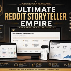 May include: An advertisement for the "Ultimate Reddit Storyteller Empire" bundle, showcasing a laptop, desktop monitor, tablet, and smartphone displaying the product's interface. The text includes "Premium Bundle" and "Lifetime Access."