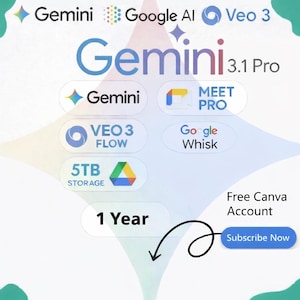 May include: A promotional graphic with the text "Gemini 3.1 Pro" and logos for Google AI, Veo 3, and other Google services. Includes the text "5TB Storage", "1 Year", and "Free Canva Account". A call to action button says "Subscribe Now".