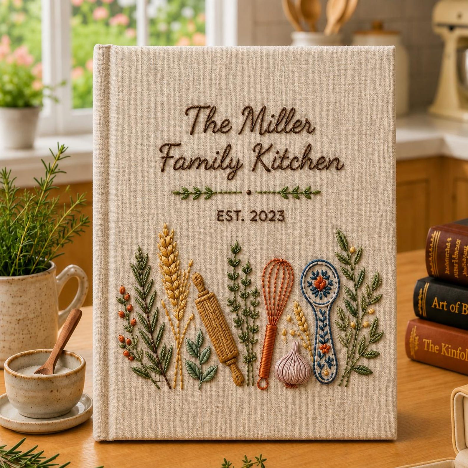 Personalized Family Recipe Book, Embroidered Kitchen Notebook, Custom Cookbook Journal, Rustic Linen Recipe Album