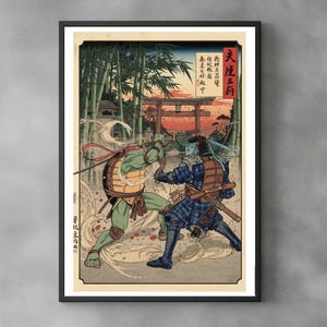 May include: Framed art print featuring a stylized battle scene with a green turtle-like figure and a samurai warrior. The artwork is set against a backdrop of bamboo trees, a torii gate, and Japanese text. The color palette includes shades of green, blue, and orange.