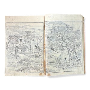 Könnte beinhalten: Offenes Buch mit zwei Schwarz-Weiß-Illustrationen japanischer Szenen. Eine zeigt Figuren in einem Pavillon, die andere Figuren unter einem Baum. Die Seiten sind gealtert und weisen sichtbare Gebrauchsspuren auf.