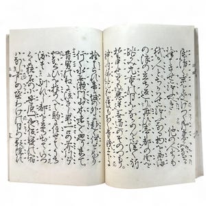 May include: Open book with Japanese calligraphy on aged paper. The black ink script fills the pages, with visible brushstrokes and varying line weights. The book is open, revealing two facing pages of text.