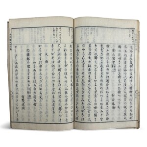 May include: An open book with aged, yellowed pages filled with Japanese text and illustrations. The text is in black ink, with some characters appearing larger than others. The book is open to a double-page spread, with text and illustrations on both sides.
