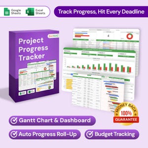 May include: A digital project progress tracker software package for Google Sheets and Excel. The purple box displays the text Project Progress Tracker, featuring various dashboard views, Gantt charts, financial graphs, and a 100% money back guarantee seal.