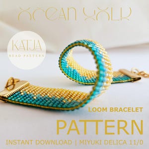 May include: A loom bracelet made of turquoise and gold Miyuki Delica 11/0 beads, featuring a repeating geometric pattern. The bracelet has gold-toned metal end clasps. Text on the image reads: OCEAN YOLK, KATJA BEAD PATTERN, LOOM BRACELET PATTERN, INSTANT DOWNLOAD | MIYUKI DELICA 11/0.