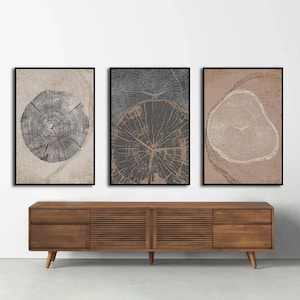 May include: Three framed art prints featuring tree ring designs in neutral tones. The prints are displayed above a wooden media console with drawers and a slatted door. The art adds a natural, earthy aesthetic to the room.