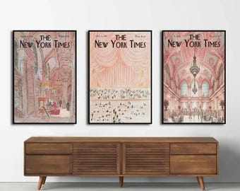 Vintage New York Poster Set von 3, Blush Pink Architektur, altes Geld Ästhetik, Preppy NYC Print, trendiges Wohnungsdekor