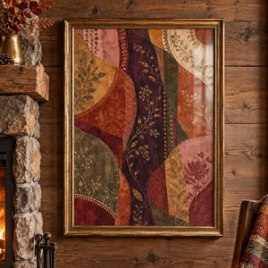 Peut inclure: Une œuvre d'art murale encadrée rectangulaire présentant un motif en patchwork de formes abstraites dans des tons de rouge profond, bordeaux, vert olive, jaune moutarde et crème, orné d'illustrations botaniques et de motifs floraux.