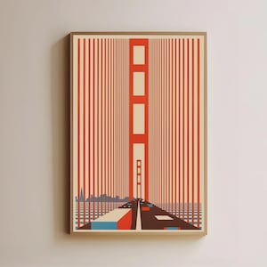Puede incluir: Impresión artística enmarcada que representa el puente Golden Gate en un estilo abstracto. La obra utiliza formas geométricas rojas, beige y azules. Las torres del puente son prominentes, con líneas verticales que crean profundidad.