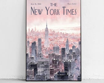 Puede incluir: Una impresión enmarcada de una pintura a la acuarela del horizonte de la ciudad de Nueva York. La impresión es de The New York Times, con fecha del 16 de junio de 1986. La obra presenta un cielo rosa y púrpura sobre los edificios de la ciudad.