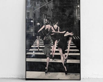 白黒の都市ポスター、女子会絵画、ムーディーなファッションアート、ヴィンテージストリートのデジタルダウンロード、シックなアパートの装飾