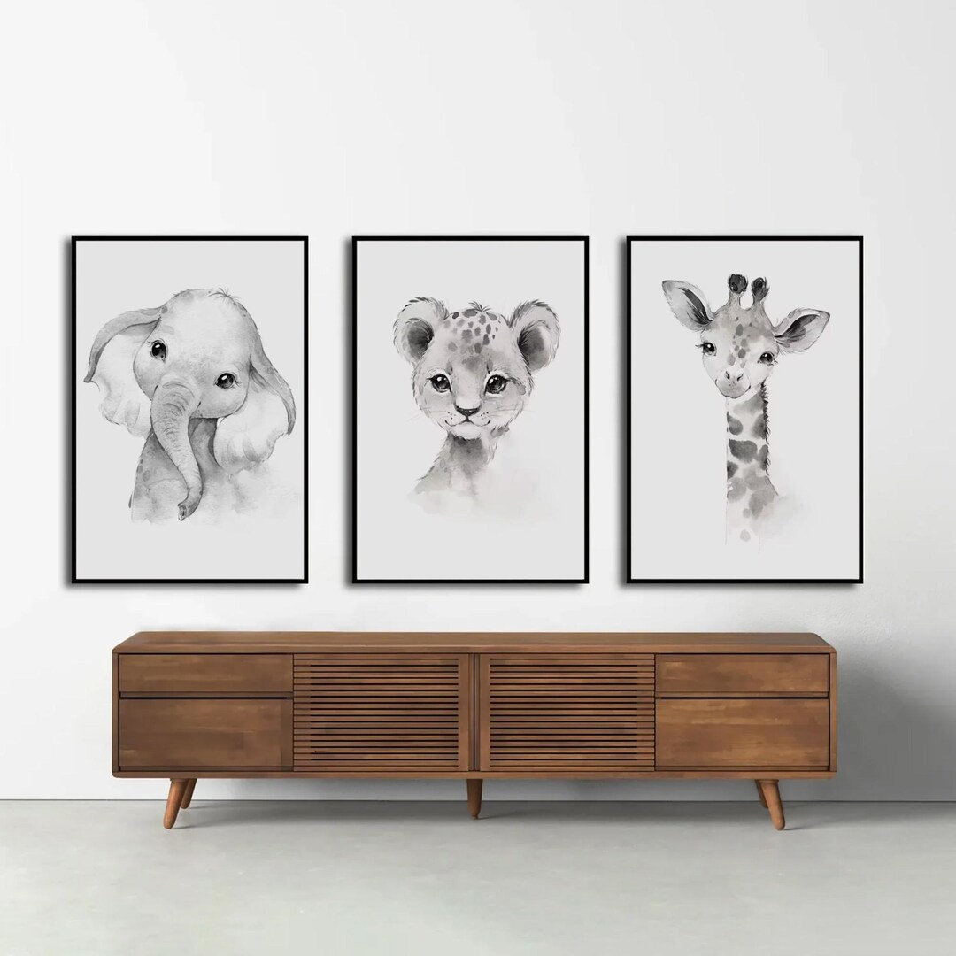 Safari Nursery Wall Art Set of 3, Black and White Baby Animal Prints ...