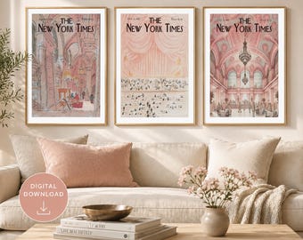 Blush roze New York Wall Art set van 3, Coquette Gallery wanddecoratie, oud geld esthetiek, afdrukbare stadsposters digitale download