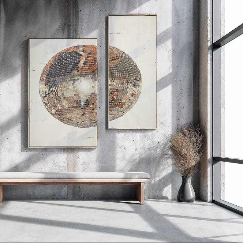 Grote kunst aan de muur discobal, moderne statementprint, oversized minimale poster, hedendaags glamourdecor, neutrale abstracte muurkunst, DIGITALE KUNST afbeelding 2
