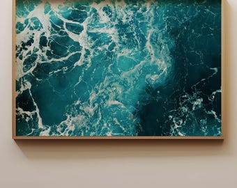 Ocean Waves Wall Art, Abstract Coastal Print, Teal Blue Sea Canvas, Large Modern Beach Decor, Turquoise Resin Poster, Boho Living Room Decor