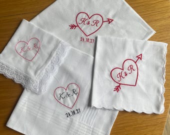 Personalised Heart Initials Handkerchief | Embroidered Wedding Hanky | Custom Initials with Optional Date