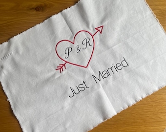 Personalised Just Married Wedding Car Sign, Embroidered Cotton Canvas Banner, Custom Initials, Vintage Wedding Getaway Decoration
