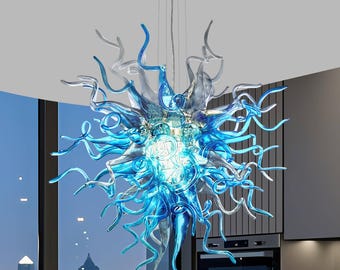Ocean Blue Teal Mundgeblasenes Glas Kronleuchter - Moderne Küstenkunst Decken Pendelleuchte