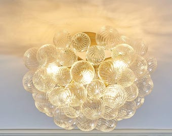 Modern Flush Mount Ribbed Glass Bubble Ceiling Light - Handblown Swirl Globe Fixture - D24"