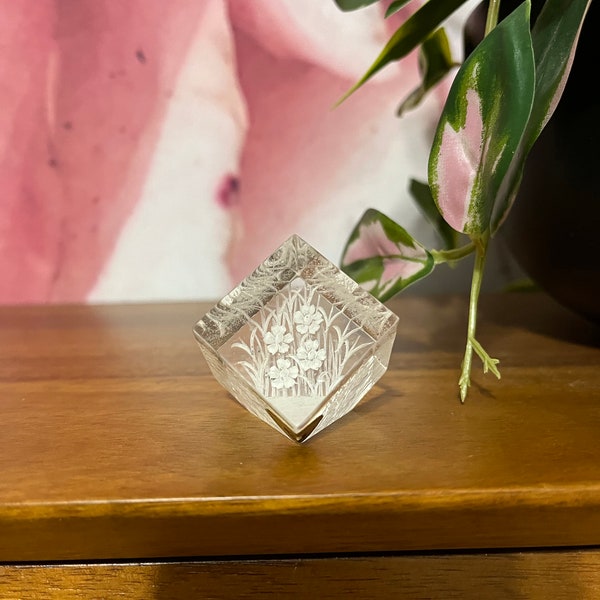 Vintage Lucite Reverse Carved Floral Paperweight